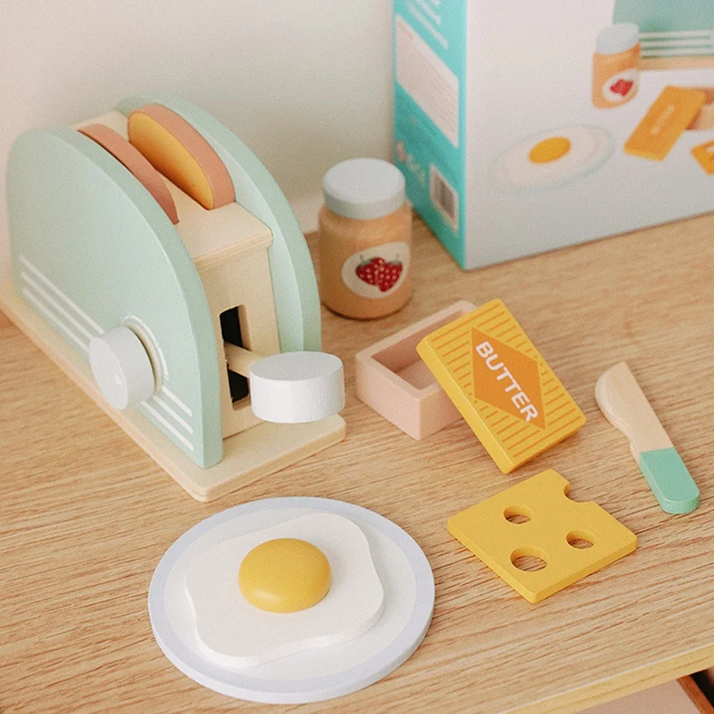Wooden Toaster Toy Kids Bread Machine Kit Pretend Play Kitchen Toys Set Breakfast Educational Toys Gifts for Girls Boys thumbnail 2