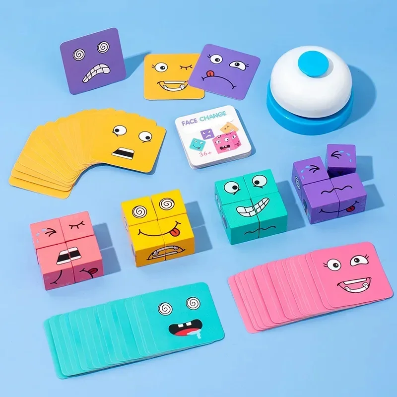 Cube Face Changing Building Blocks Board Game Wood Puzzle Montessori Expression Wooden Blocos for Children Battle Table Game thumbnail 2