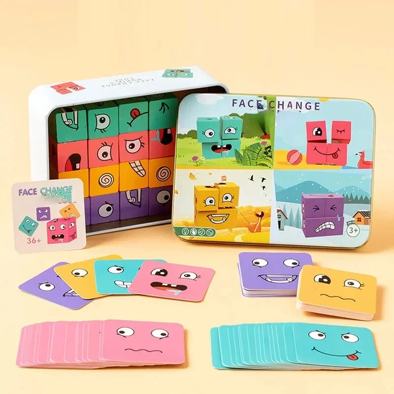 Cube Face Changing Building Blocks Board Game Wood Puzzle Montessori Expression Wooden Blocos for Children Battle Table Game thumbnail 3