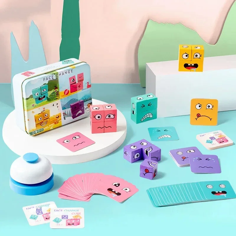 Cube Face Changing Building Blocks Board Game Wood Puzzle Montessori Expression Wooden Blocos for Children Battle Table Game thumbnail 6
