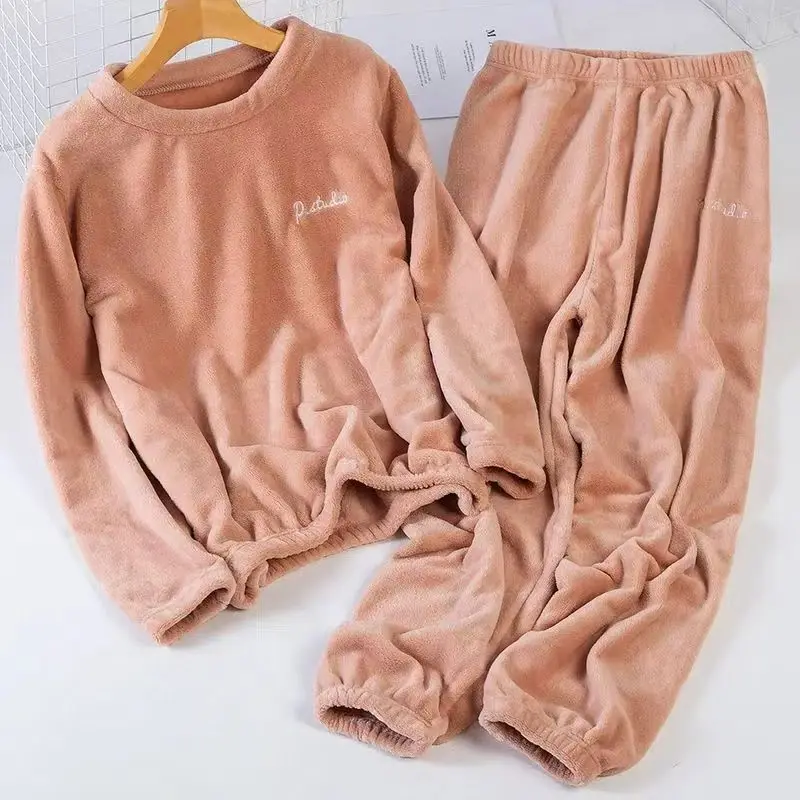 Leisure 2024 Autumn/Winter Women's Warm Velvet Pajamas Loose Round Neck Elastic Top Warm Wool Elastic Waist Tight Leg Pants Set thumbnail 2