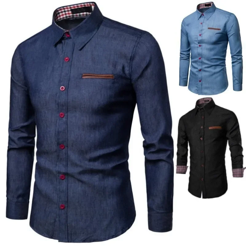Casual Cotton Long Sleeve Men's Shirt Slim Fit Pocket Patchwork Denim Shirt Comfortable Breathable Fashionable Male Top