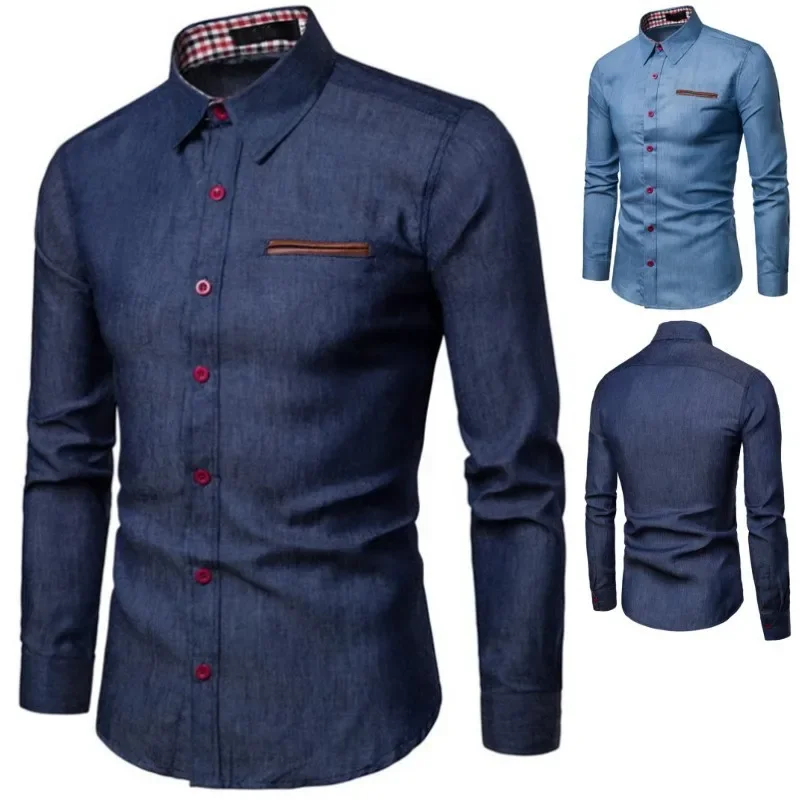 Casual Cotton Long Sleeve Men's Shirt Slim Fit Pocket Patchwork Denim Shirt Comfortable Breathable Fashionable Male Top thumbnail 2