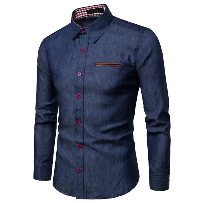 Casual Cotton Long Sleeve Men's Shirt Slim Fit Pocket Patchwork Denim Shirt Comfortable Breathable Fashionable Male Top thumbnail 5