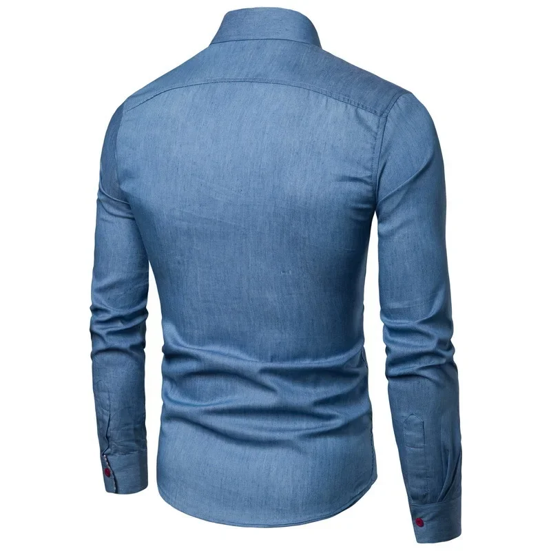 Casual Cotton Long Sleeve Men's Shirt Slim Fit Pocket Patchwork Denim Shirt Comfortable Breathable Fashionable Male Top thumbnail 4