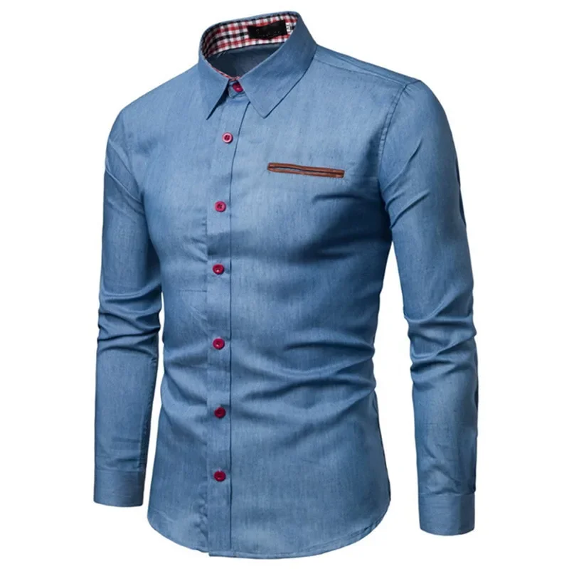 Casual Cotton Long Sleeve Men's Shirt Slim Fit Pocket Patchwork Denim Shirt Comfortable Breathable Fashionable Male Top thumbnail 3