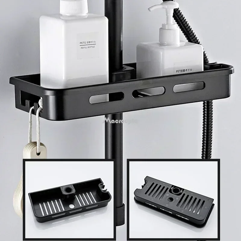 Bathroom Shower Storage Rack Organizer No Drilling Lifting Rod Shower Head Holder Shower Gel Shampoo Tray Holder Pole Shelves thumbnail 4