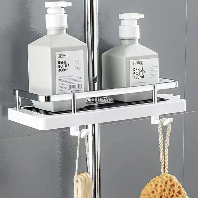 Bathroom Shower Storage Rack Organizer No Drilling Lifting Rod Shower Head Holder Shower Gel Shampoo Tray Holder Pole Shelves thumbnail 2