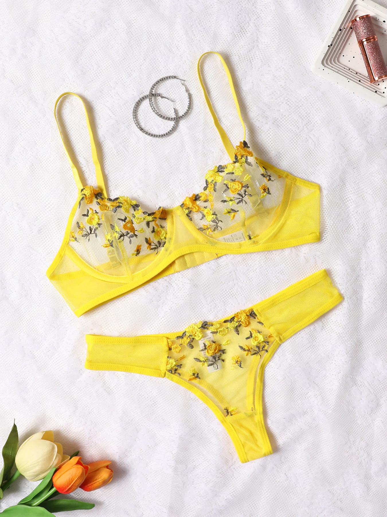 Women Sexy Lace Lingerie Push Up Lingerie Semi-Sheer Bra And Panty Sets Female Erotic Underwear Flower Embroidery Bralette Set thumbnail 3