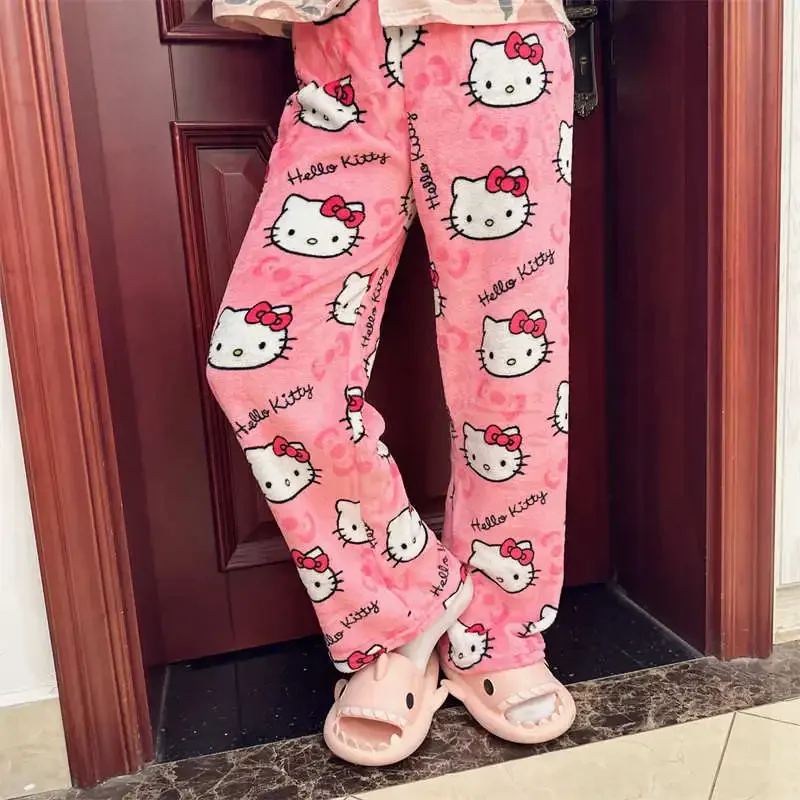 Thicken Hello Kitty Pajama Pants Sanrio Anime Fleece Double Elastic Fabric Soft Trousers Women Trousers Cartoon Birthday Gift thumbnail 5