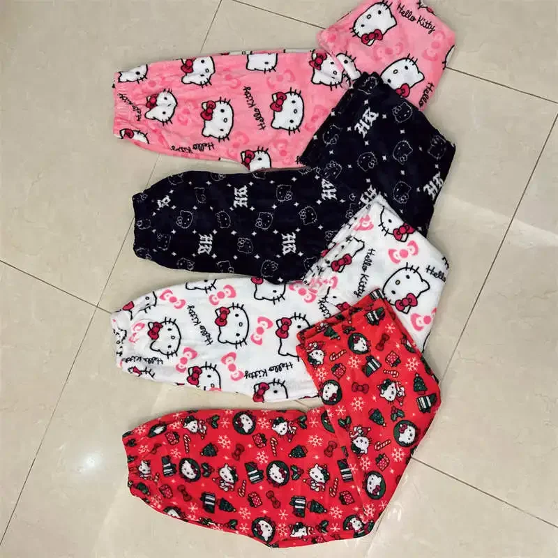 Thicken Hello Kitty Pajama Pants Sanrio Anime Fleece Double Elastic Fabric Soft Trousers Women Trousers Cartoon Birthday Gift thumbnail 2