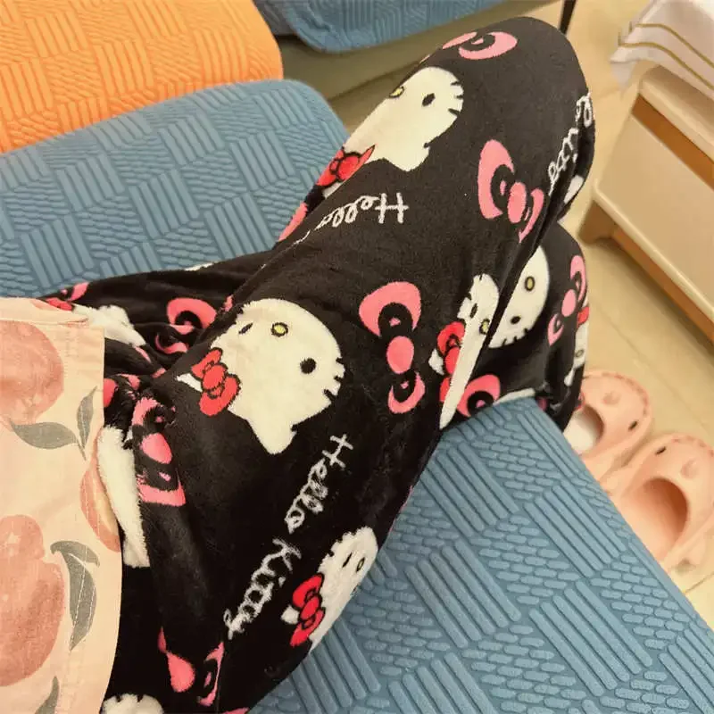 Thicken Hello Kitty Pajama Pants Sanrio Anime Fleece Double Elastic Fabric Soft Trousers Women Trousers Cartoon Birthday Gift thumbnail 4