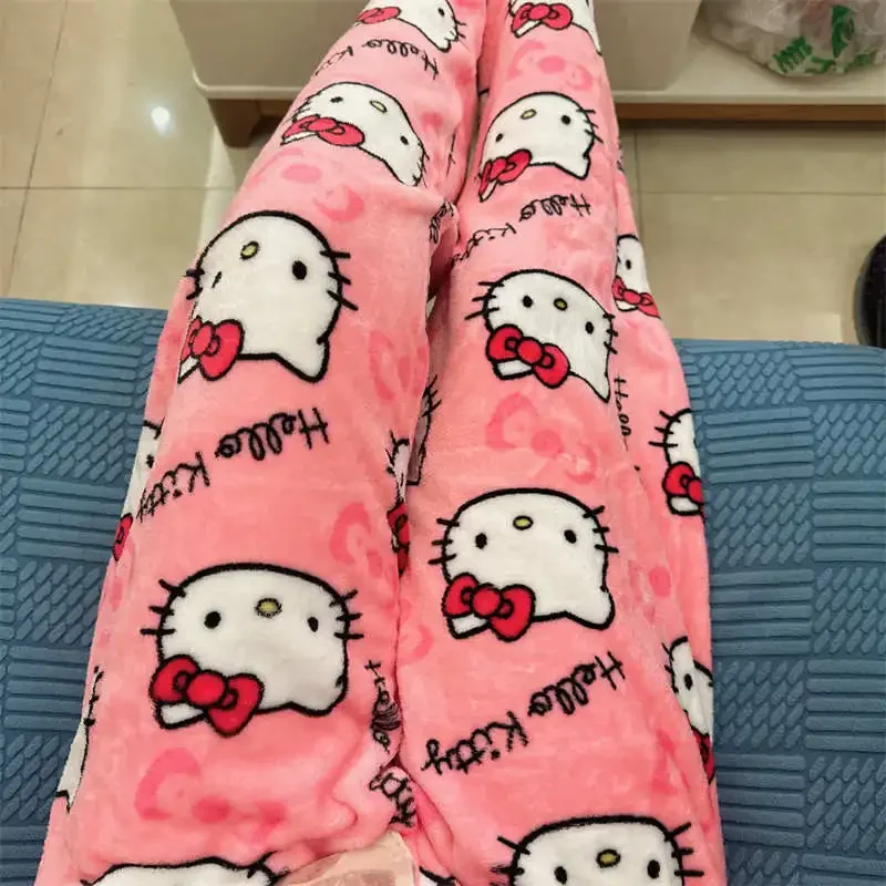 Thicken Hello Kitty Pajama Pants Sanrio Anime Fleece Double Elastic Fabric Soft Trousers Women Trousers Cartoon Birthday Gift thumbnail 3