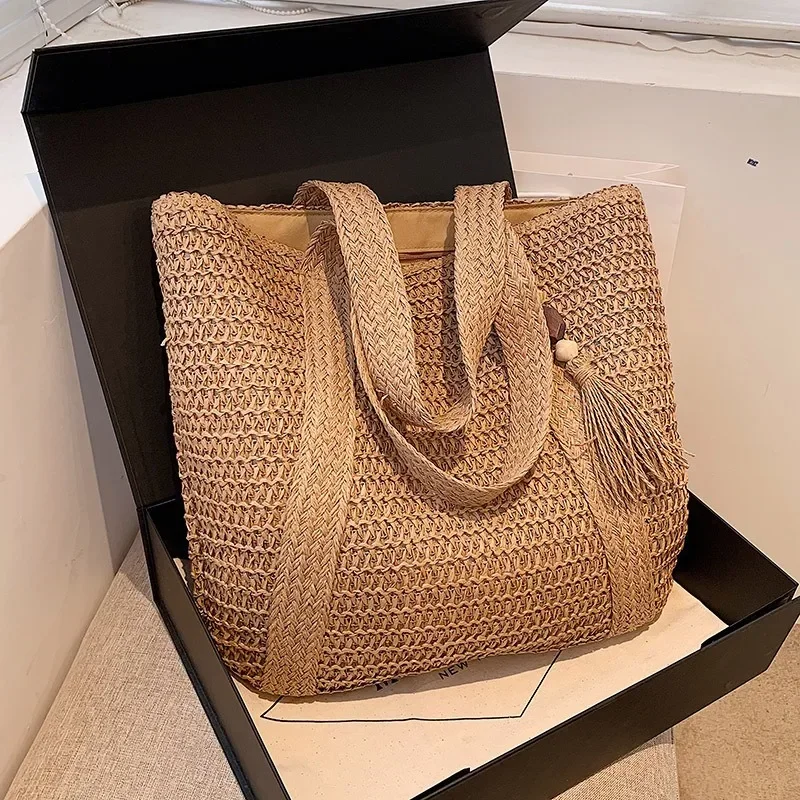 Elegant Ladies Straw Woven Handbag Women Holiday Beach Commute Casual Tote Top-Handle Bags Fashion Retro Shoulder Bags 2024 thumbnail 5