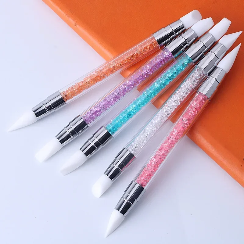 1 Pcs Dual-Ended Silicone Head Carving Dotting Pen Nail Art Brushes Rhinestone Crystal Handle Tool For DIY Gel Manicure Tools thumbnail 2