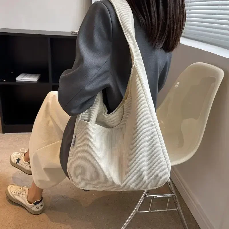 Canvas Shoulder Women's Tote Bag Corduroy Simple Casual Large Capacity Designer Handbags For Women Travel Solid Shopper Bag thumbnail 4