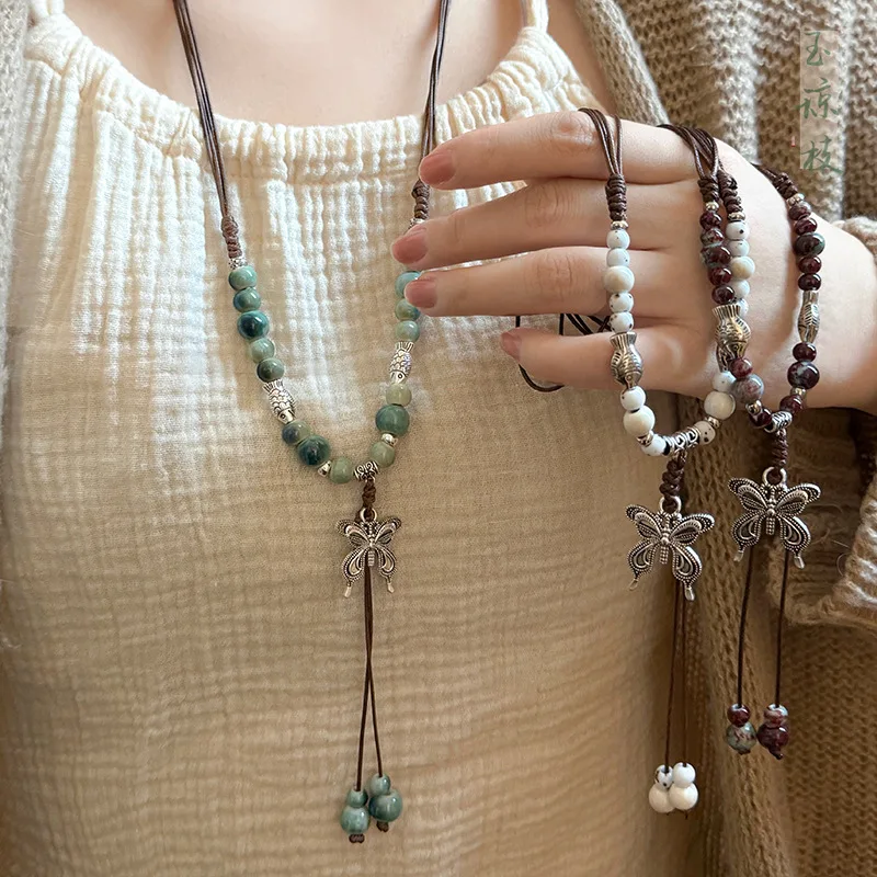 Vintage Ceramic Butterfly Pendant Necklaces for Women New Chinese Ethnic Style Long Adjustable Handmade Beaded Necklaces Jewelry