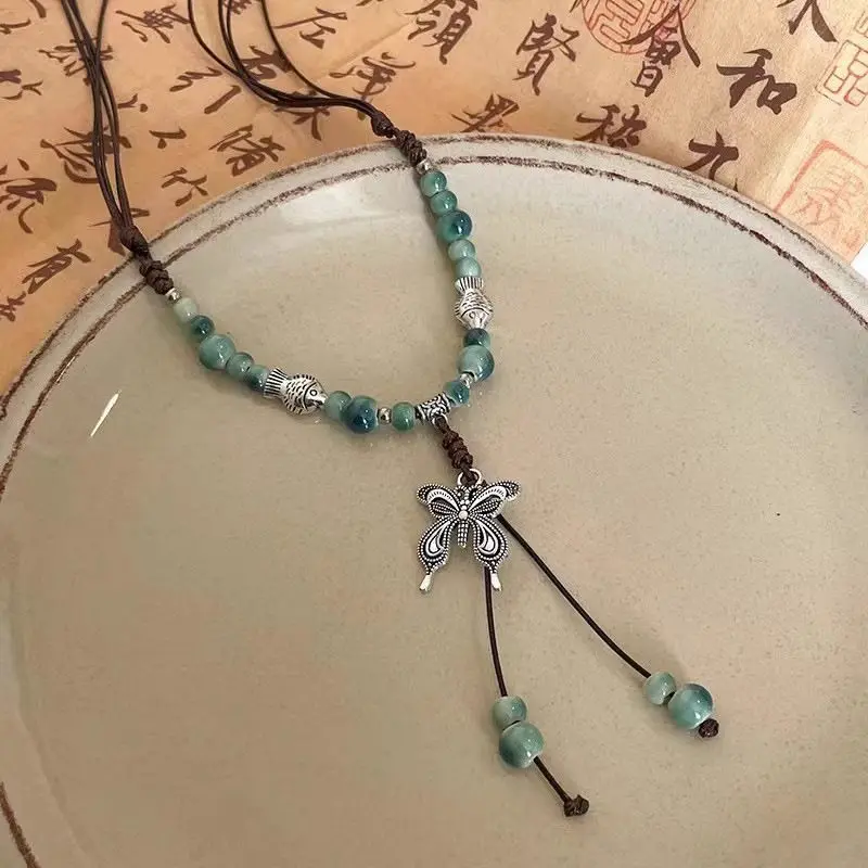 Vintage Ceramic Butterfly Pendant Necklaces for Women New Chinese Ethnic Style Long Adjustable Handmade Beaded Necklaces Jewelry thumbnail 6