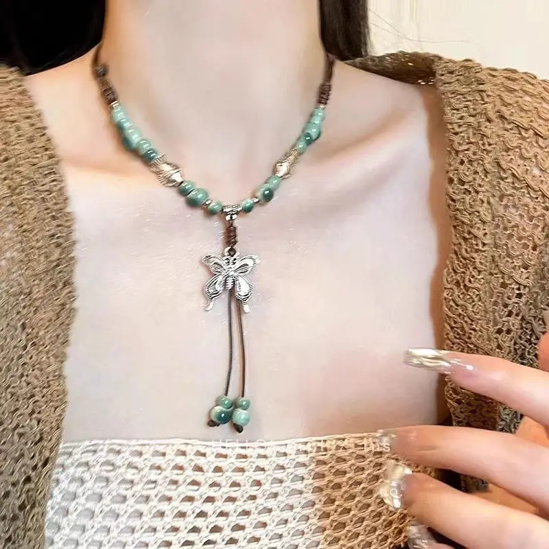 Vintage Ceramic Butterfly Pendant Necklaces for Women New Chinese Ethnic Style Long Adjustable Handmade Beaded Necklaces Jewelry thumbnail 5