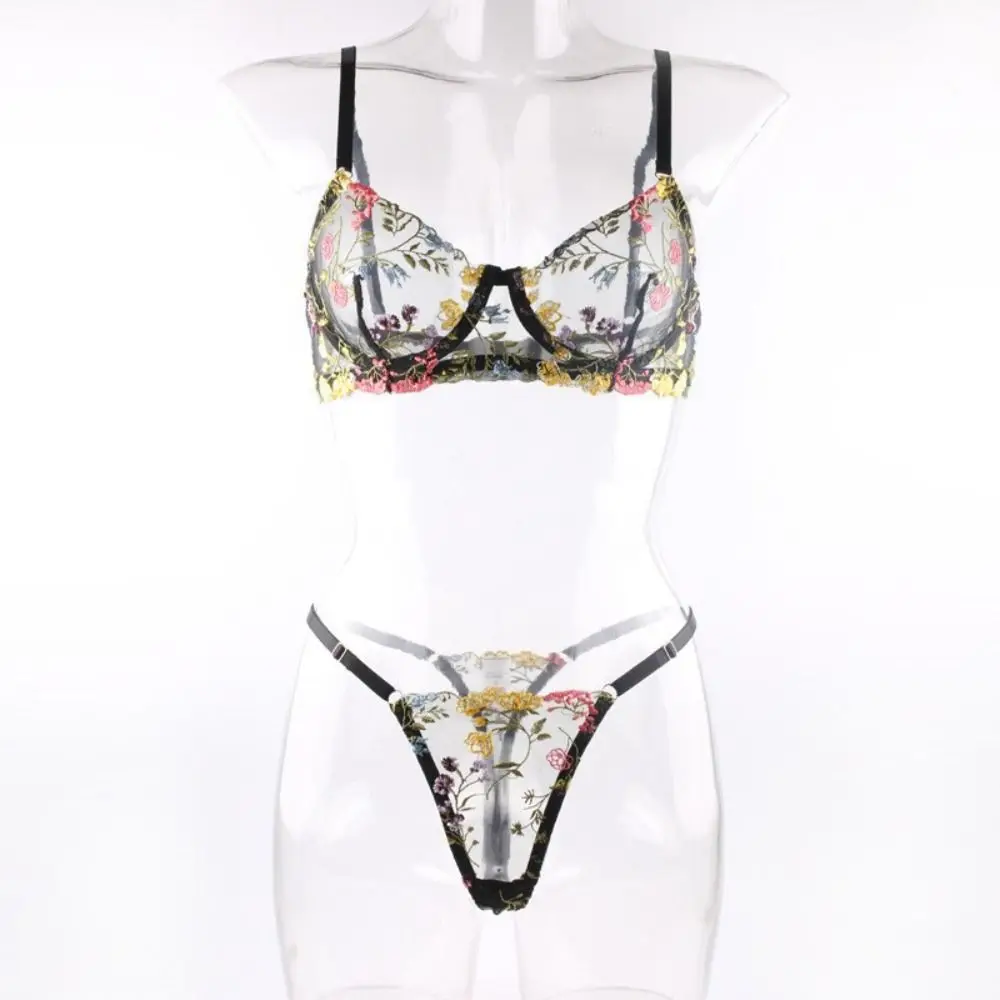 2-Piece Embroidery Lingerie Set Sexy Floral Sheer Wireless Bra Boho Bra Panty Set thumbnail 5