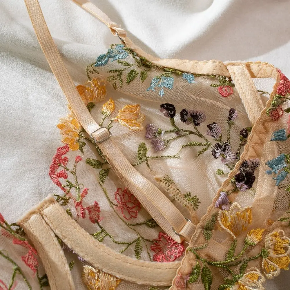 2-Piece Embroidery Lingerie Set Sexy Floral Sheer Wireless Bra Boho Bra Panty Set thumbnail 3
