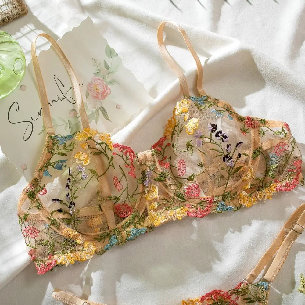2-Piece Embroidery Lingerie Set Sexy Floral Sheer Wireless Bra Boho Bra Panty Set thumbnail 6
