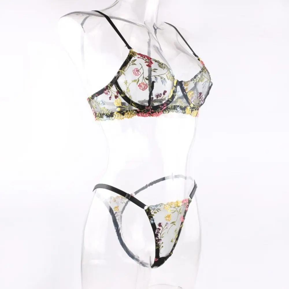 2-Piece Embroidery Lingerie Set Sexy Floral Sheer Wireless Bra Boho Bra Panty Set thumbnail 4