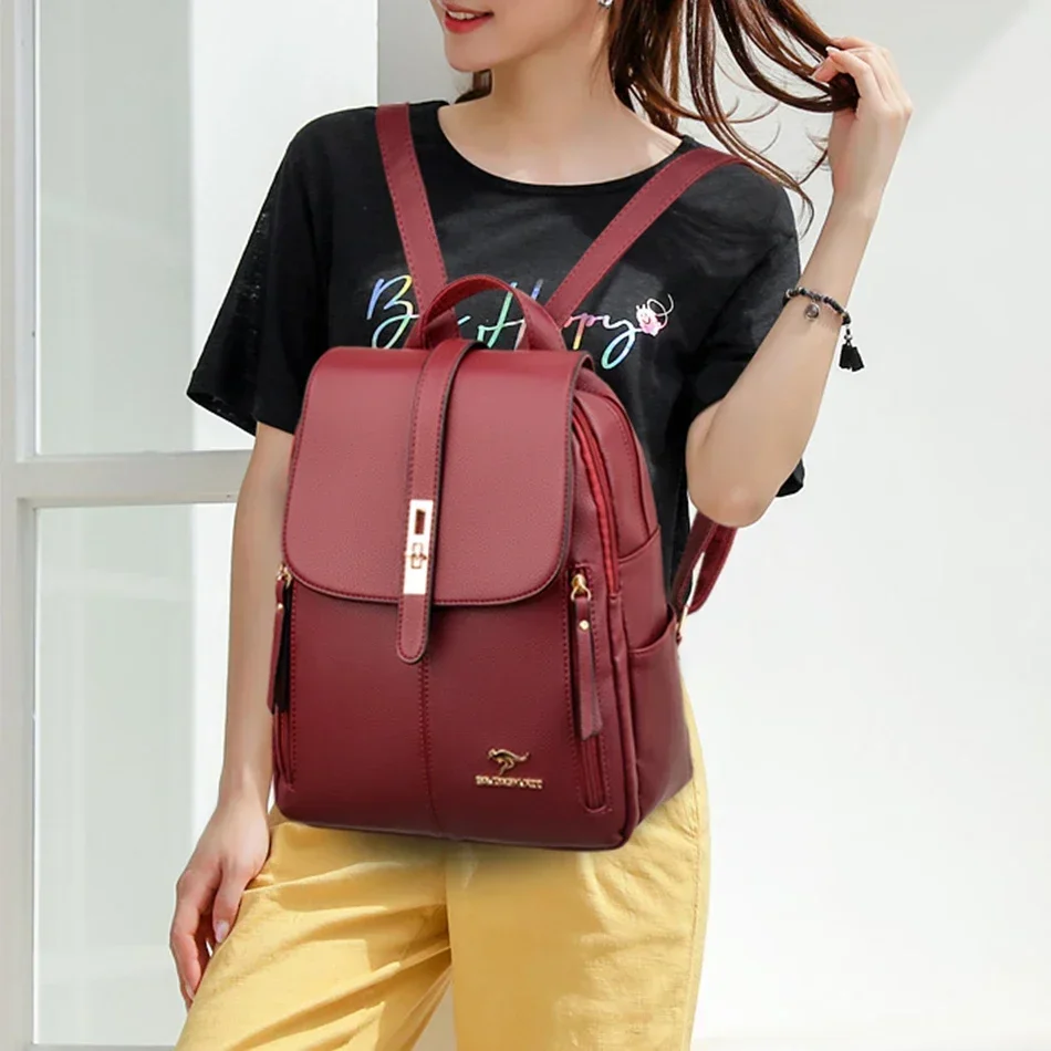 Women Large Capacity Backpack High Quality Leather Vintage Bags for Women School Bags Travel Rucksack Ladies Bookbag Knapsack thumbnail 3