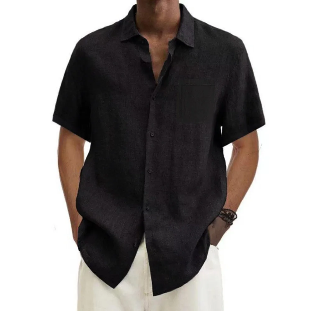 men Cotton Linen Hot Sale Men's Short-Sleeved Shirts Summer Solid Color Turn-down collar Casual Beach Style Plus Size tops thumbnail 2