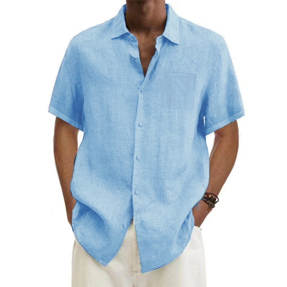 men Cotton Linen Hot Sale Men's Short-Sleeved Shirts Summer Solid Color Turn-down collar Casual Beach Style Plus Size tops thumbnail 3