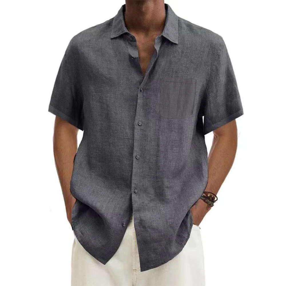 men Cotton Linen Hot Sale Men's Short-Sleeved Shirts Summer Solid Color Turn-down collar Casual Beach Style Plus Size tops thumbnail 4