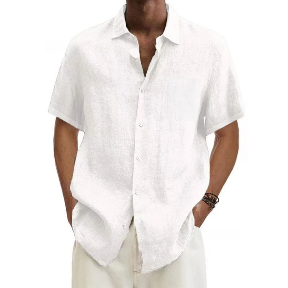 men Cotton Linen Hot Sale Men's Short-Sleeved Shirts Summer Solid Color Turn-down collar Casual Beach Style Plus Size tops thumbnail 5