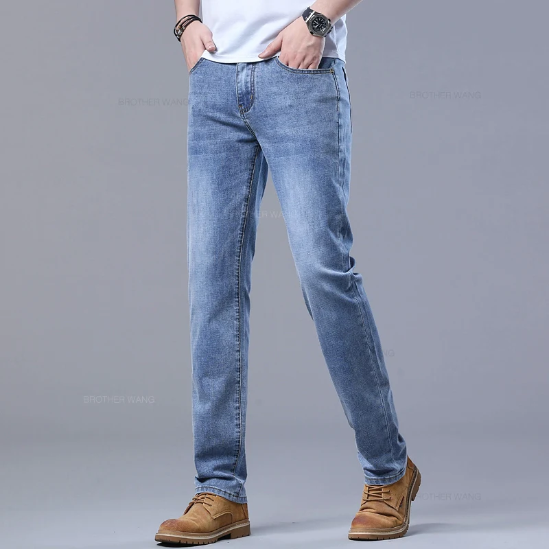 Spring Men's Light Blue Slim Jeans Stylish Casual Stretch Fabric Denim Pants Classic Trousers Smoke Gray thumbnail 4