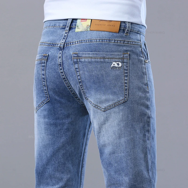 Spring Men's Light Blue Slim Jeans Stylish Casual Stretch Fabric Denim Pants Classic Trousers Smoke Gray thumbnail 2