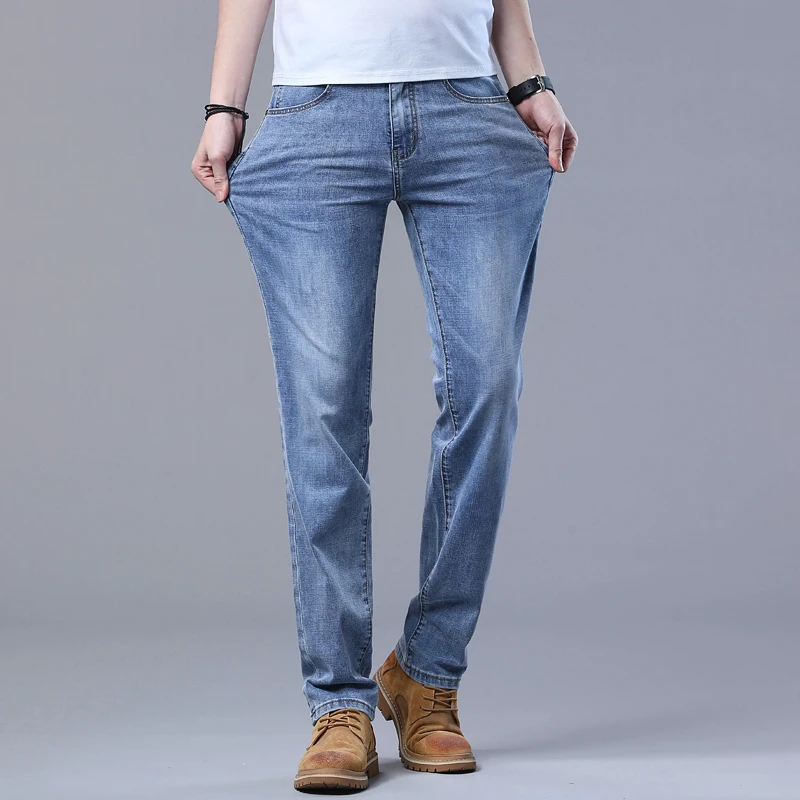 Spring Men's Light Blue Slim Jeans Stylish Casual Stretch Fabric Denim Pants Classic Trousers Smoke Gray thumbnail 3