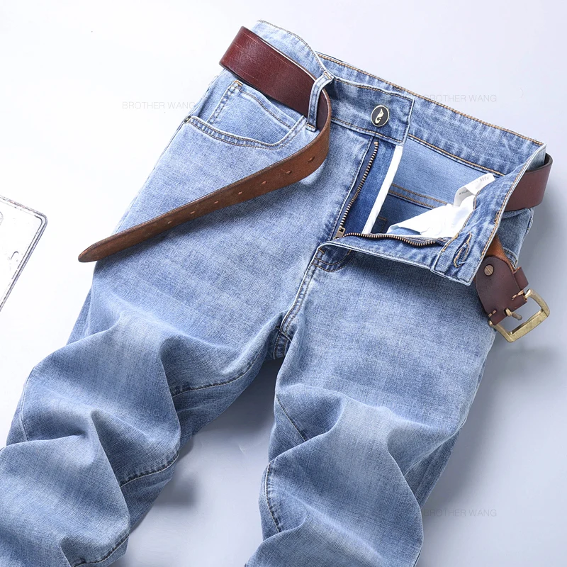 Spring Men's Light Blue Slim Jeans Stylish Casual Stretch Fabric Denim Pants Classic Trousers Smoke Gray thumbnail 6