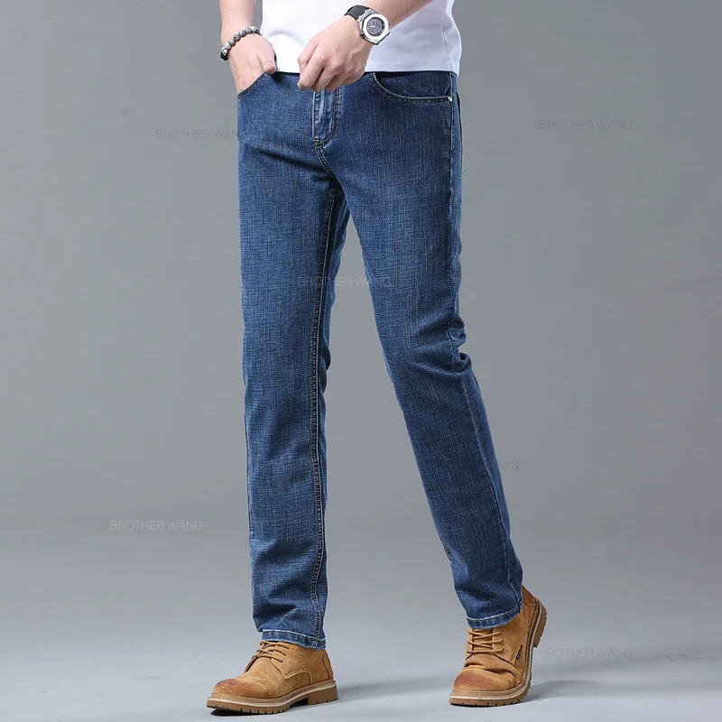 Spring Men's Light Blue Slim Jeans Stylish Casual Stretch Fabric Denim Pants Classic Trousers Smoke Gray thumbnail 5