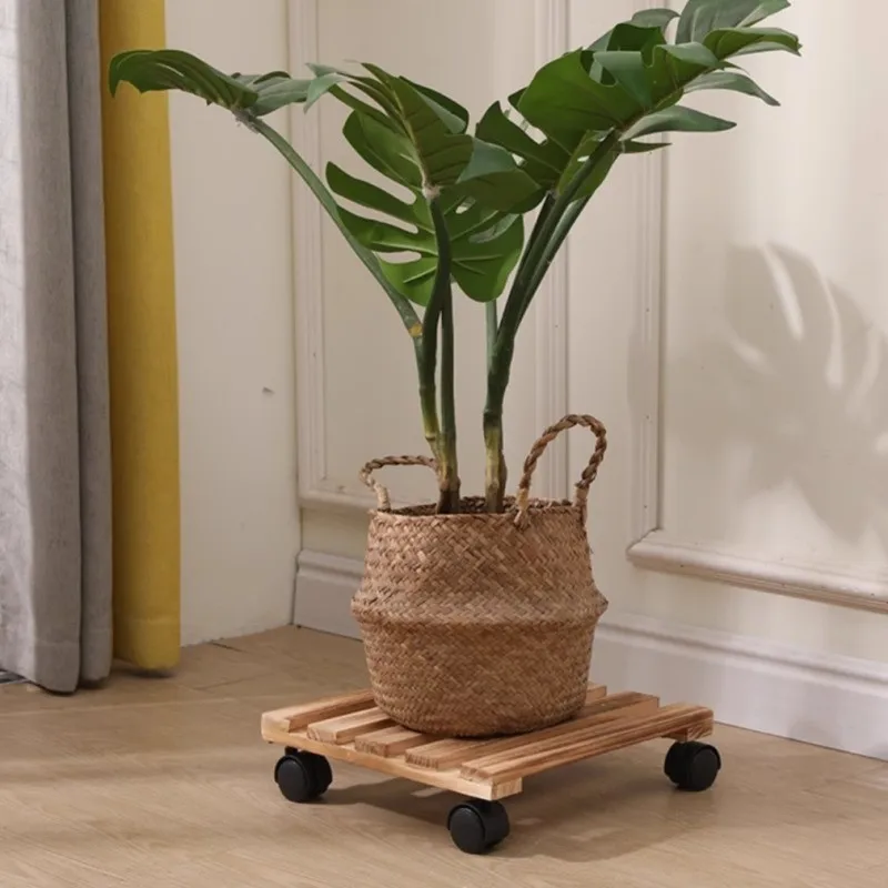 Solid Wood Planter Tray Potted Stand Rack Bonsai Round Wheel Flowerpot Wooden Holder thumbnail 3