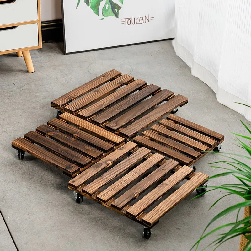 Solid Wood Planter Tray Potted Stand Rack Bonsai Round Wheel Flowerpot Wooden Holder thumbnail 4