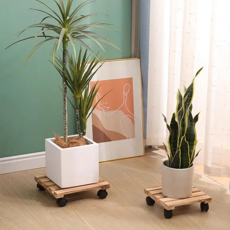 Solid Wood Planter Tray Potted Stand Rack Bonsai Round Wheel Flowerpot Wooden Holder thumbnail 5