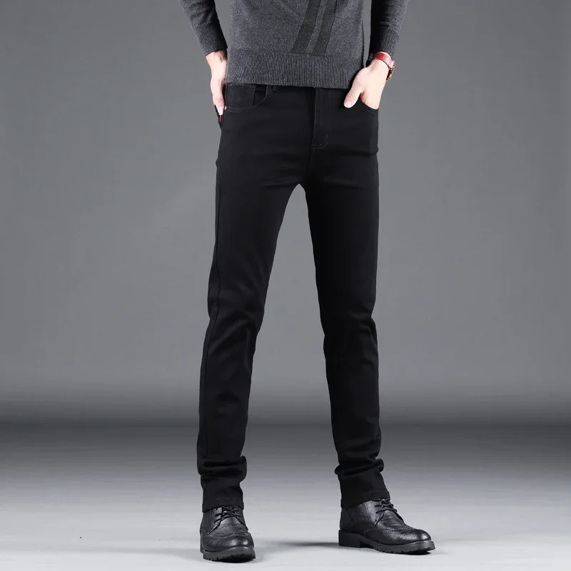 Spring Autumn New Men's Pure Black Slim Jeans Elastic Straight Pants Business Fashion Leisure Korean Vintage Denim Pants Male thumbnail 4