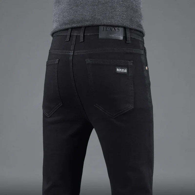 Spring Autumn New Men's Pure Black Slim Jeans Elastic Straight Pants Business Fashion Leisure Korean Vintage Denim Pants Male thumbnail 2