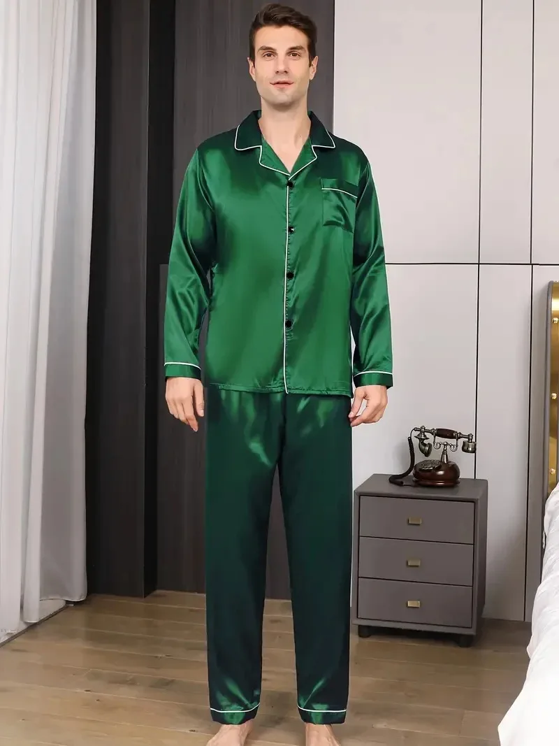 Men Pajamas Set Silk Satin Nightwear Shirt Long Sleeve Pijama Male Fashion Soft Home Suit Big Size Spring Sleepwear For Sleeping thumbnail 4