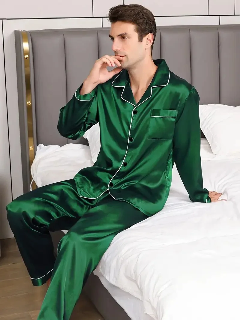 Men Pajamas Set Silk Satin Nightwear Shirt Long Sleeve Pijama Male Fashion Soft Home Suit Big Size Spring Sleepwear For Sleeping thumbnail 3