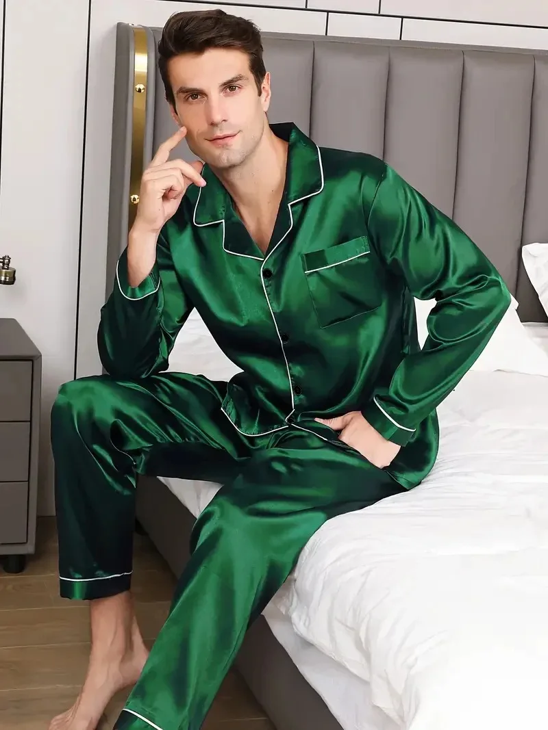 Men Pajamas Set Silk Satin Nightwear Shirt Long Sleeve Pijama Male Fashion Soft Home Suit Big Size Spring Sleepwear For Sleeping thumbnail 2