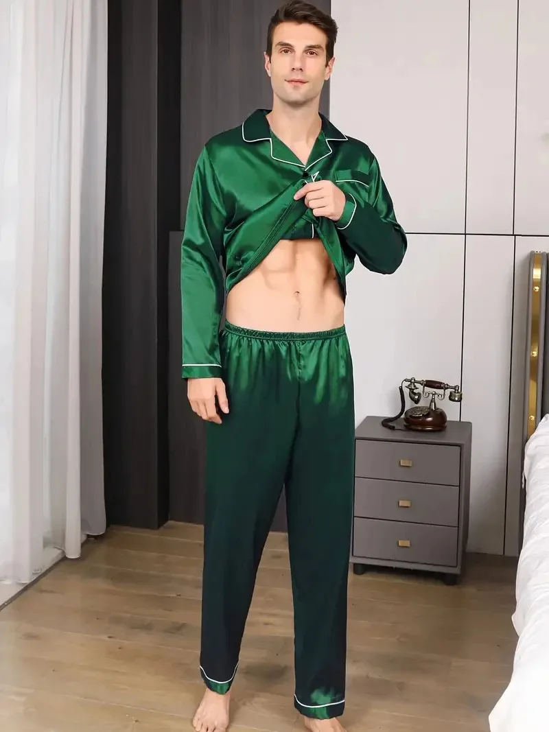Men Pajamas Set Silk Satin Nightwear Shirt Long Sleeve Pijama Male Fashion Soft Home Suit Big Size Spring Sleepwear For Sleeping thumbnail 5