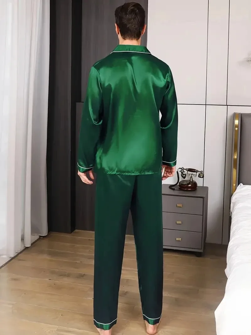 Men Pajamas Set Silk Satin Nightwear Shirt Long Sleeve Pijama Male Fashion Soft Home Suit Big Size Spring Sleepwear For Sleeping thumbnail 6