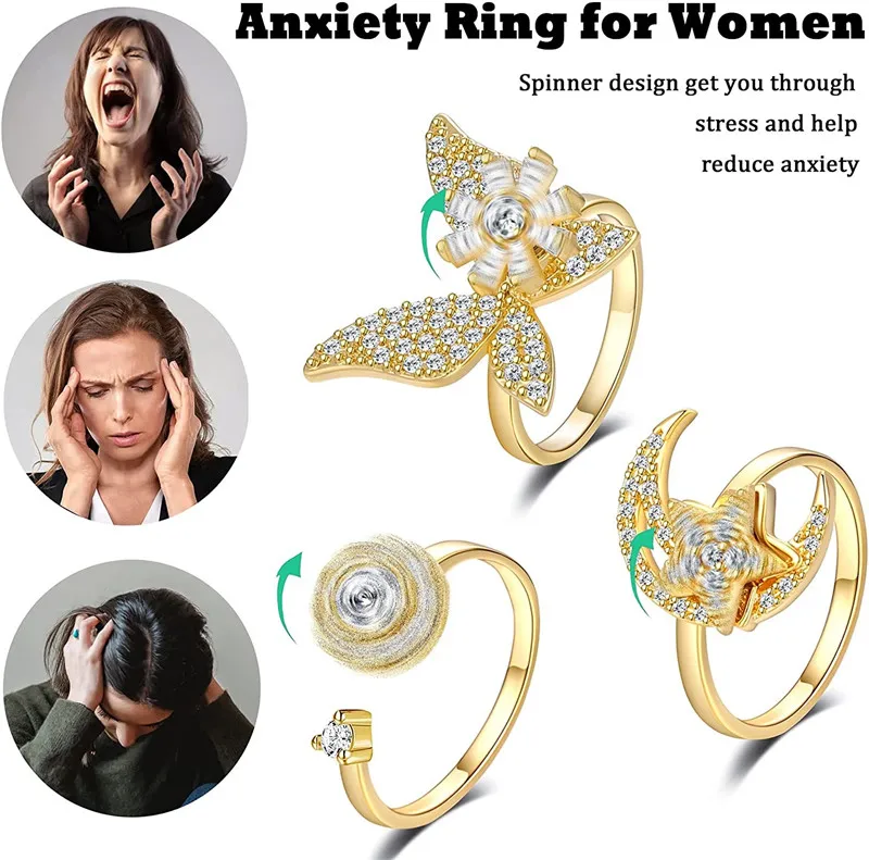 Luxury Butterfly Sunflower Fidget Spinner Ring Anxiety for Women Crystal Flower Anxiety Finger Rings Anti Stress Wedding Jewerly thumbnail 2
