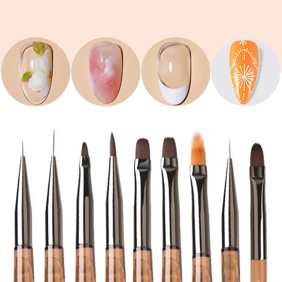 9Pcs Nail Brush Set Fine Line Painting Detail Work Pens Stylish Brown Handles Gel Nail Art Tool Kit for Professional & Home Use thumbnail 6