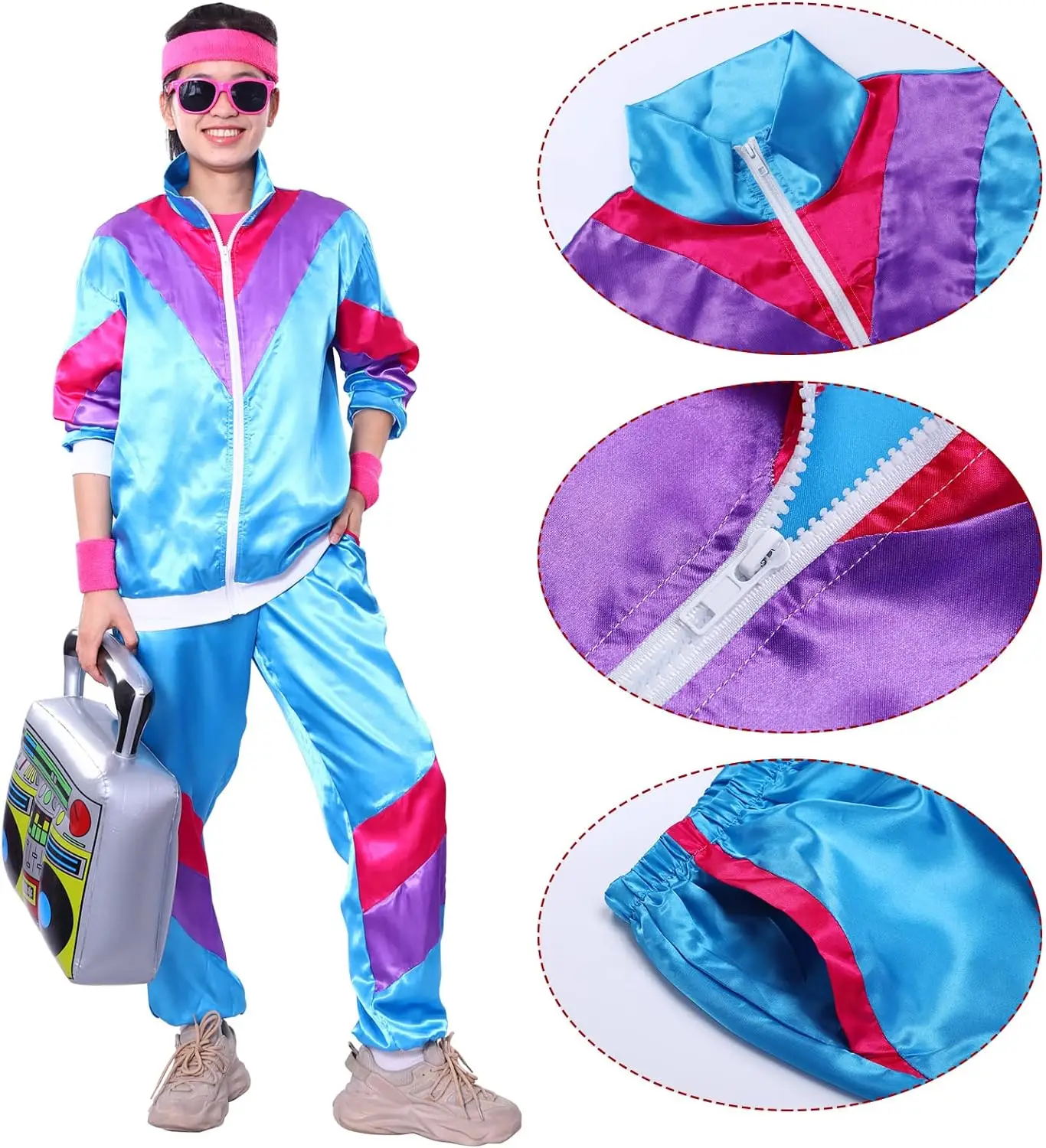 Tracksuit Costumes for Men 90s Hip Hop Shell Suit Costume Mens 80s Retro Tracksuit Jacket Disco Costume Windbreaker and Pants thumbnail 2